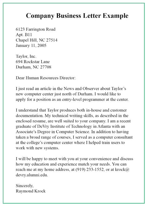 letter to a company sample.